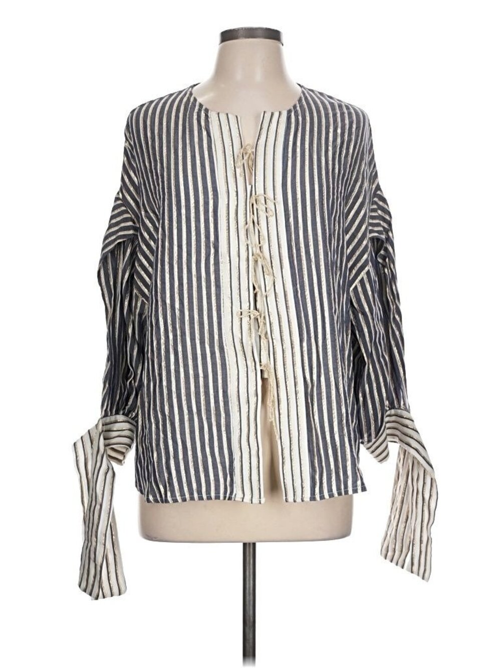 Kameya Striped Lace-Up Long Sleeve Shirt Gold & Navy Size EU42, US XL (G863)
